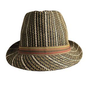 Vintage Woven Straw Fedora Hat With Multicolor Striped Band Hipster Summer